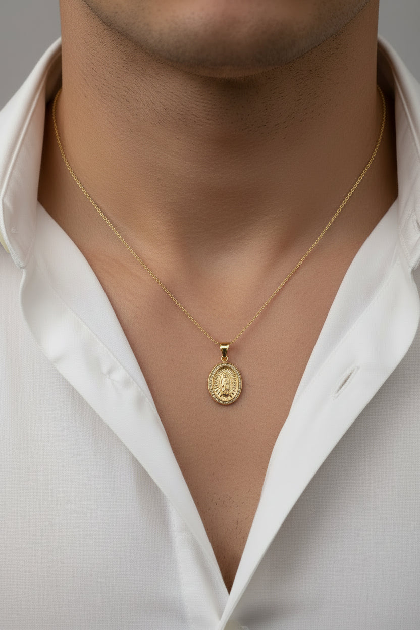 10K Solid Gold Virgin Mary Pendant – Oval Medal (25.3 mm)