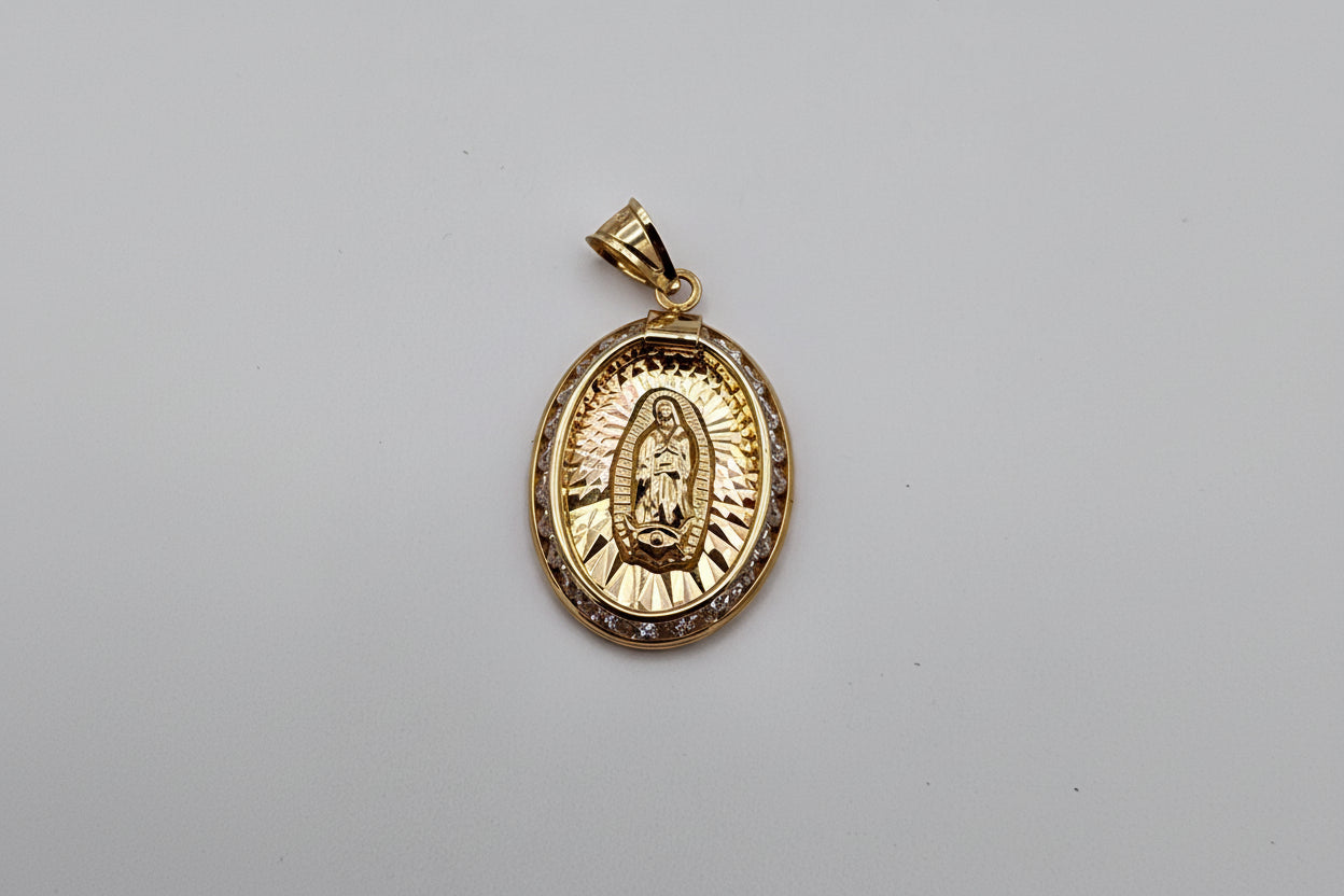 10K Solid Gold Virgin Mary Pendant – Oval Medal (25.3 mm)