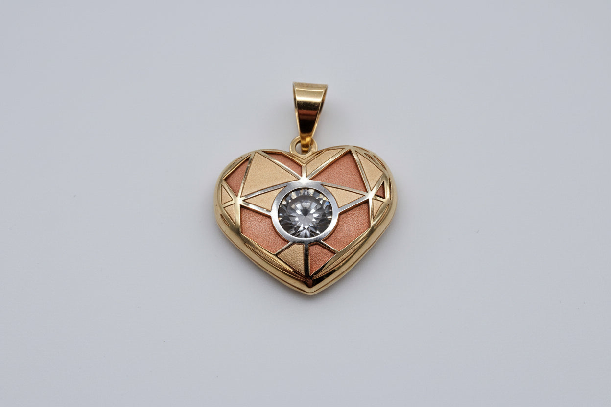 10K Gold Tri-Tone Heart Pendant with Center Stone