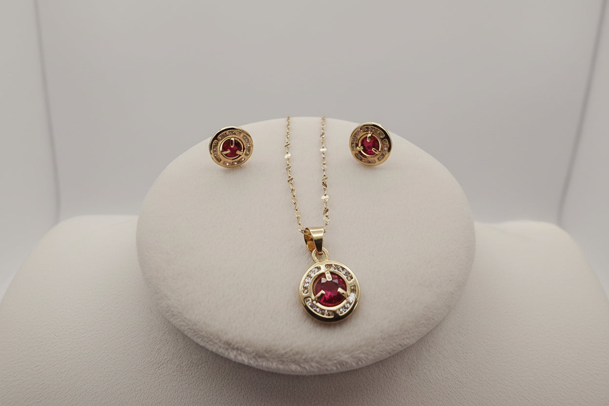 10K Gold Ruby Station Set – Necklace, Pendant & Stud Earrings
