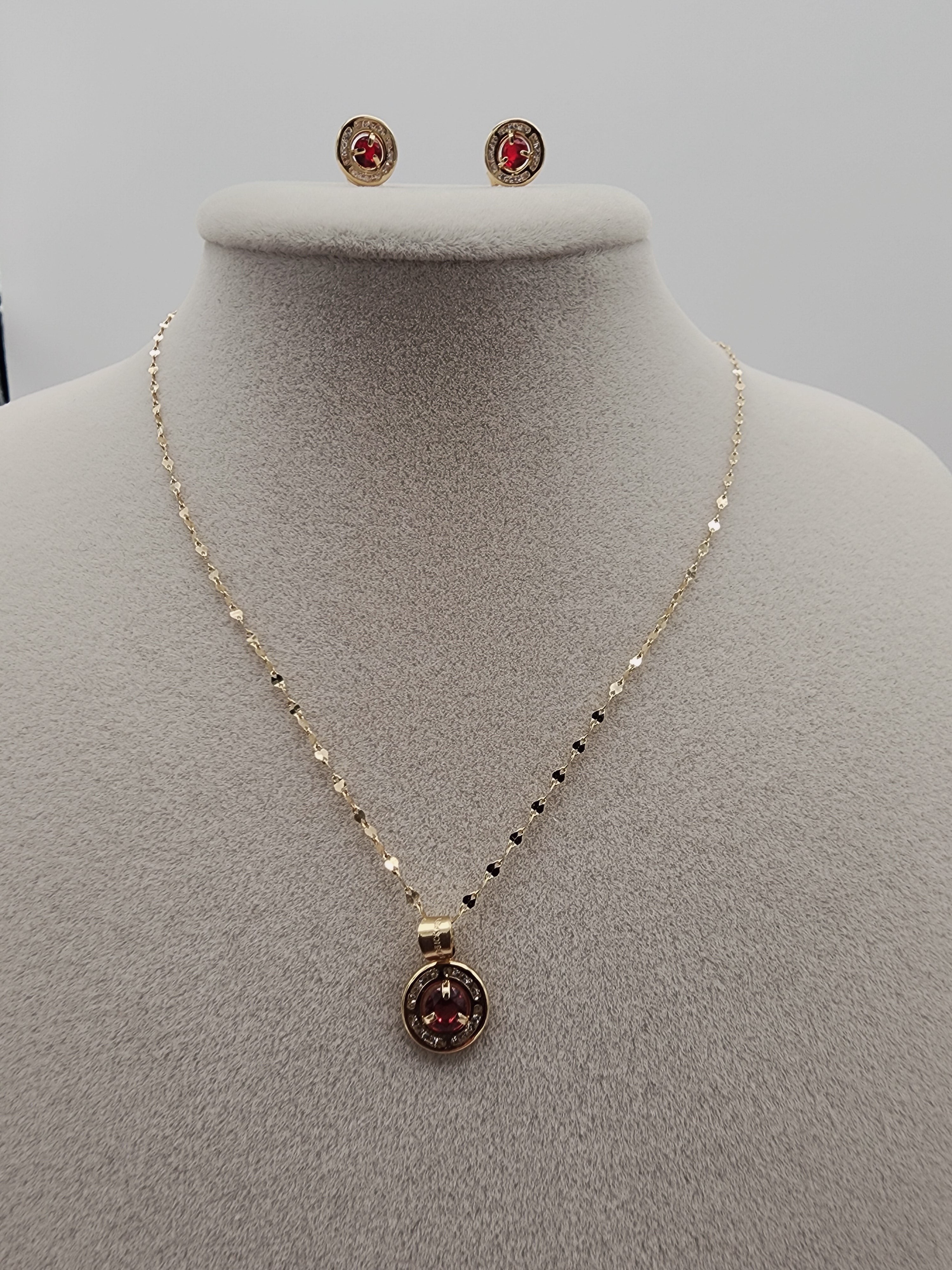10K Gold Ruby Station Set – Necklace, Pendant & Stud Earrings