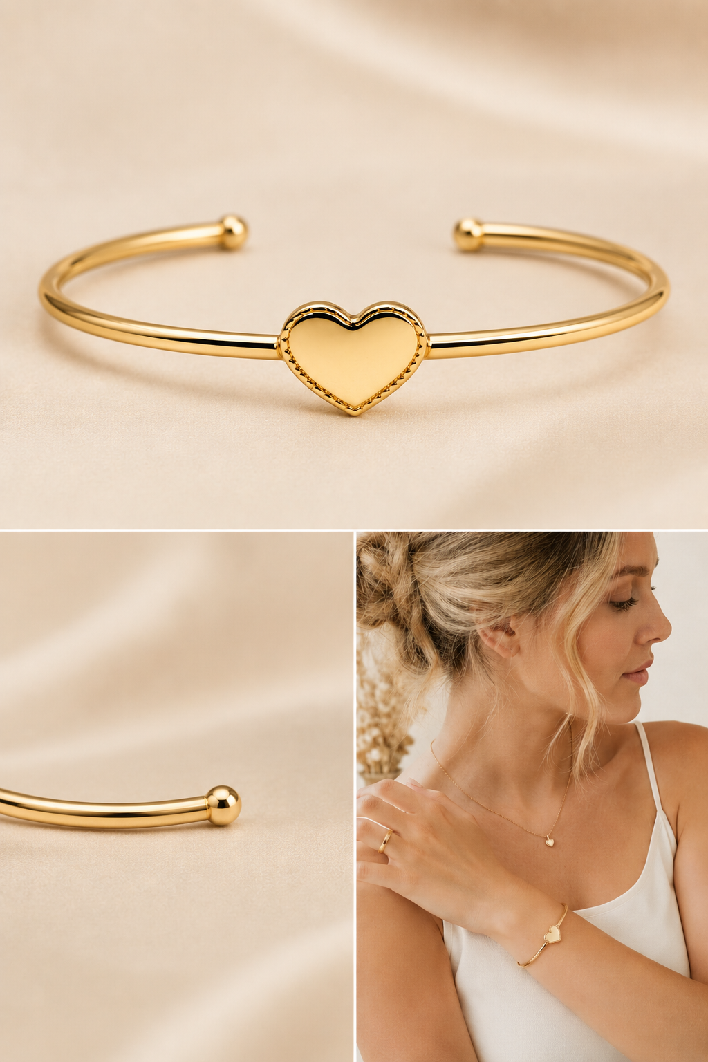 Jewelry collage featuring a 14K gold filled heart cuff bracelet, a close up of the polished open end, and a fair skinned woman wearing the minimalist heart bangle with an elegant white top against a soft cream background.