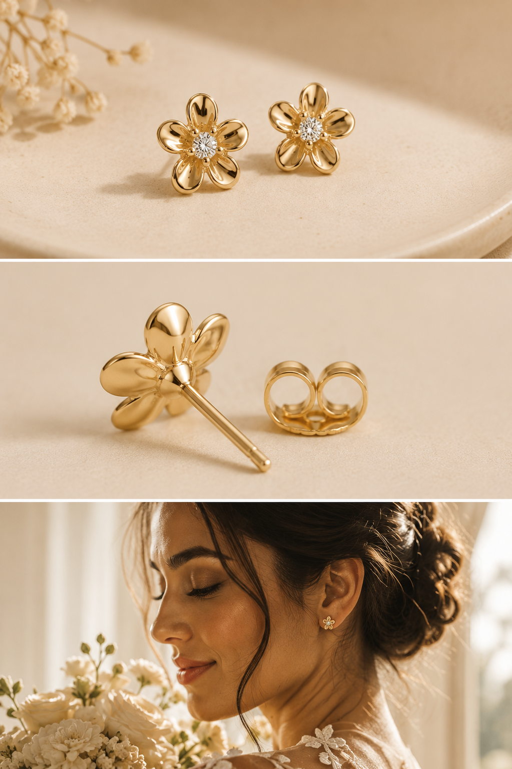 Three-image set featuring 14K gold flower stud earrings with cubic zirconia, including a front product view, butterfly clutch closure detail, and an olive-skinned bride wearing the earrings in soft natural light. Elegant floral earrings for weddings, bridesmaids, and everyday wear.