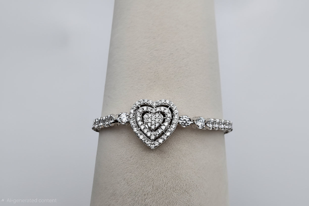 Sterling Silver Heart Charm Bracelet (7”, Pavé CZ Heart)