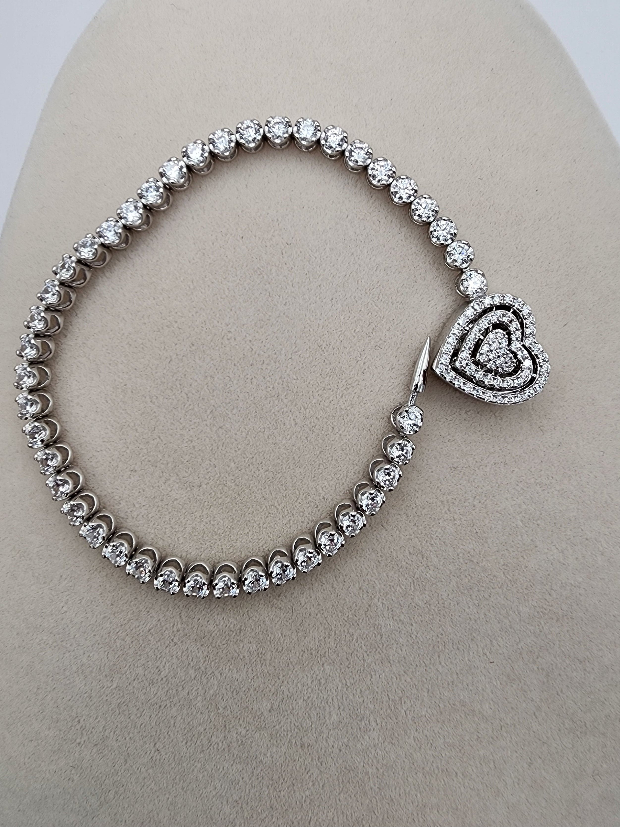 Sterling Silver Heart Charm Bracelet (7”, Pavé CZ Heart)
