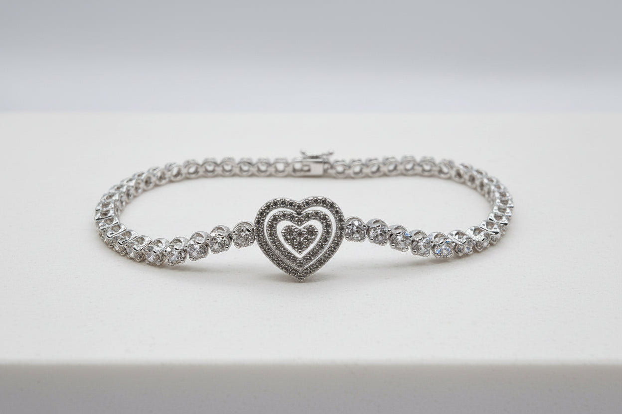 Sterling Silver Heart Charm Bracelet (7”, Pavé CZ Heart)