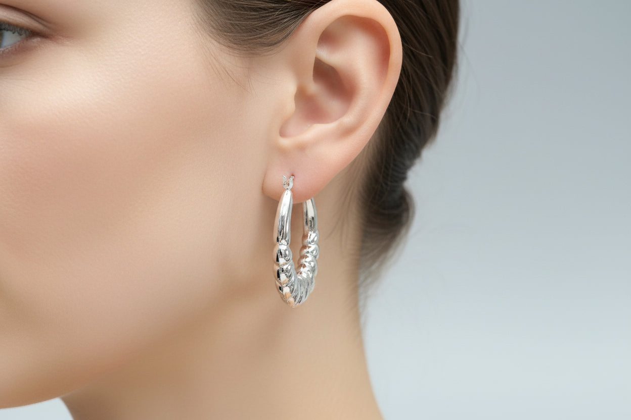 Sterling Silver Ridged Hoop Earrings (32.9 mm)