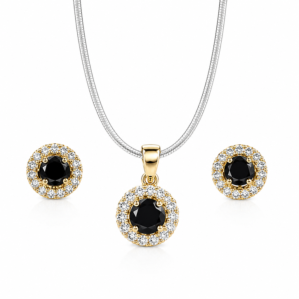 Mancerat Midnight Halo Jewelry Set – Sterling Silver (Pendant & Earrings)