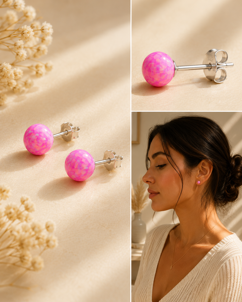 Pink Opal Stud Earrings | Sterling Silver