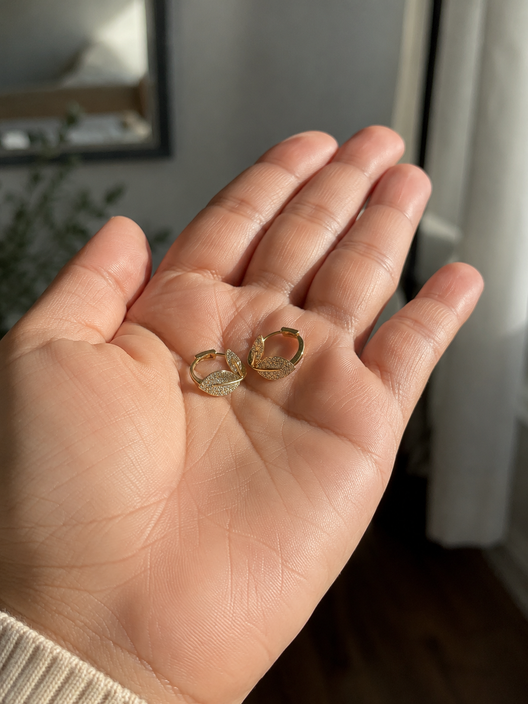 Gold Leaf CZ Hoop Earrings