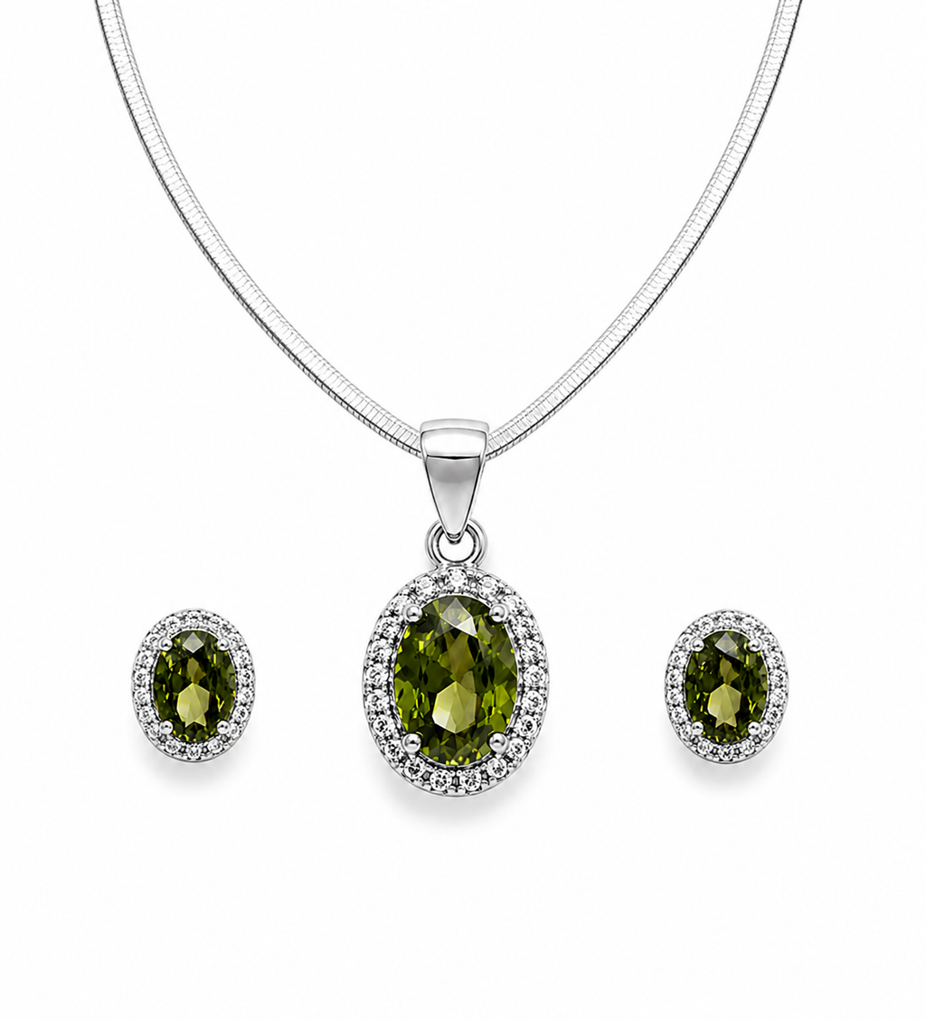 Green Halo Jewelry Set – Sterling Silver (Pendant & Earrings)