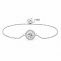 925 sterling silver adjustable slider bracelet featuring a round brilliant cubic zirconia center surrounded by a sparkling halo on a delicate chain, displayed on a pure white background. Elegant minimalist bracelet for weddings, bridesmaids, and everyday wear.