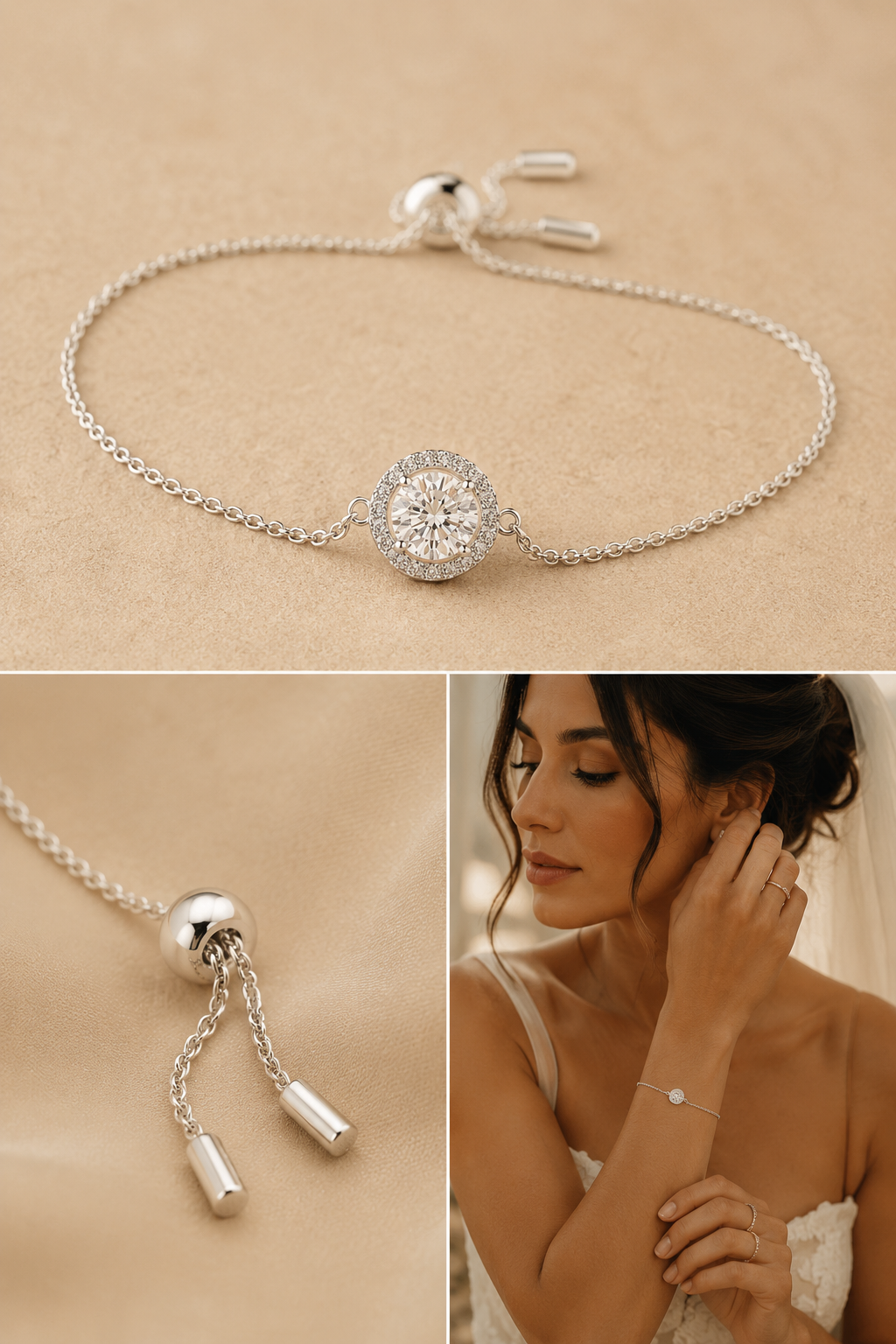 Three-image set featuring a 925 sterling silver halo cubic zirconia slider bracelet with a round sparkling centerpiece, an adjustable slider clasp close-up, and an olive-skinned bride wearing the bracelet in soft natural light. Elegant bridal jewelry for weddings, bridesmaids, anniversaries, and everyday wear.