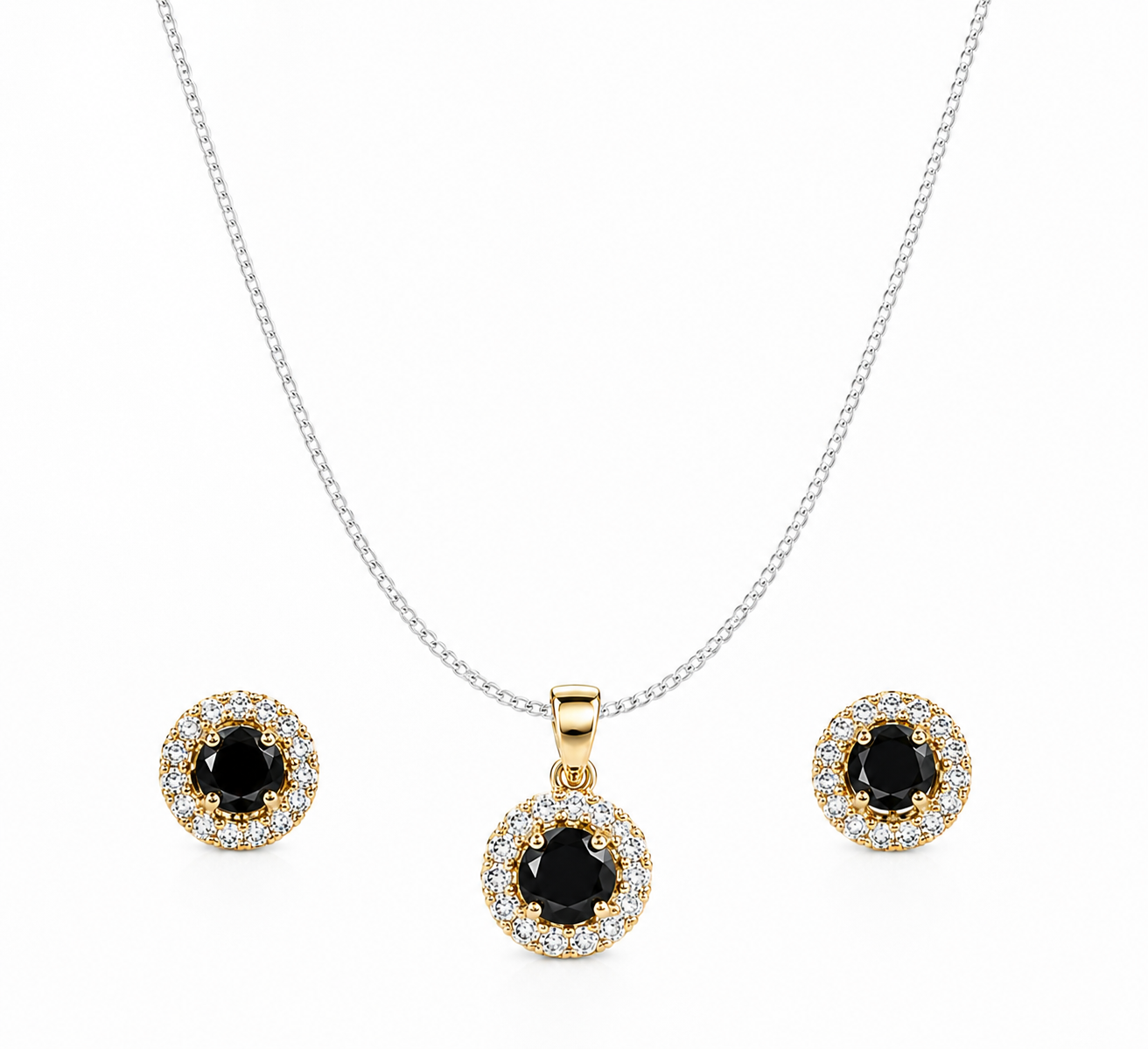 Black halo jewelry set featuring a sterling silver curb chain necklace with a round black gemstone pendant and matching halo stud earrings on a pure white background.