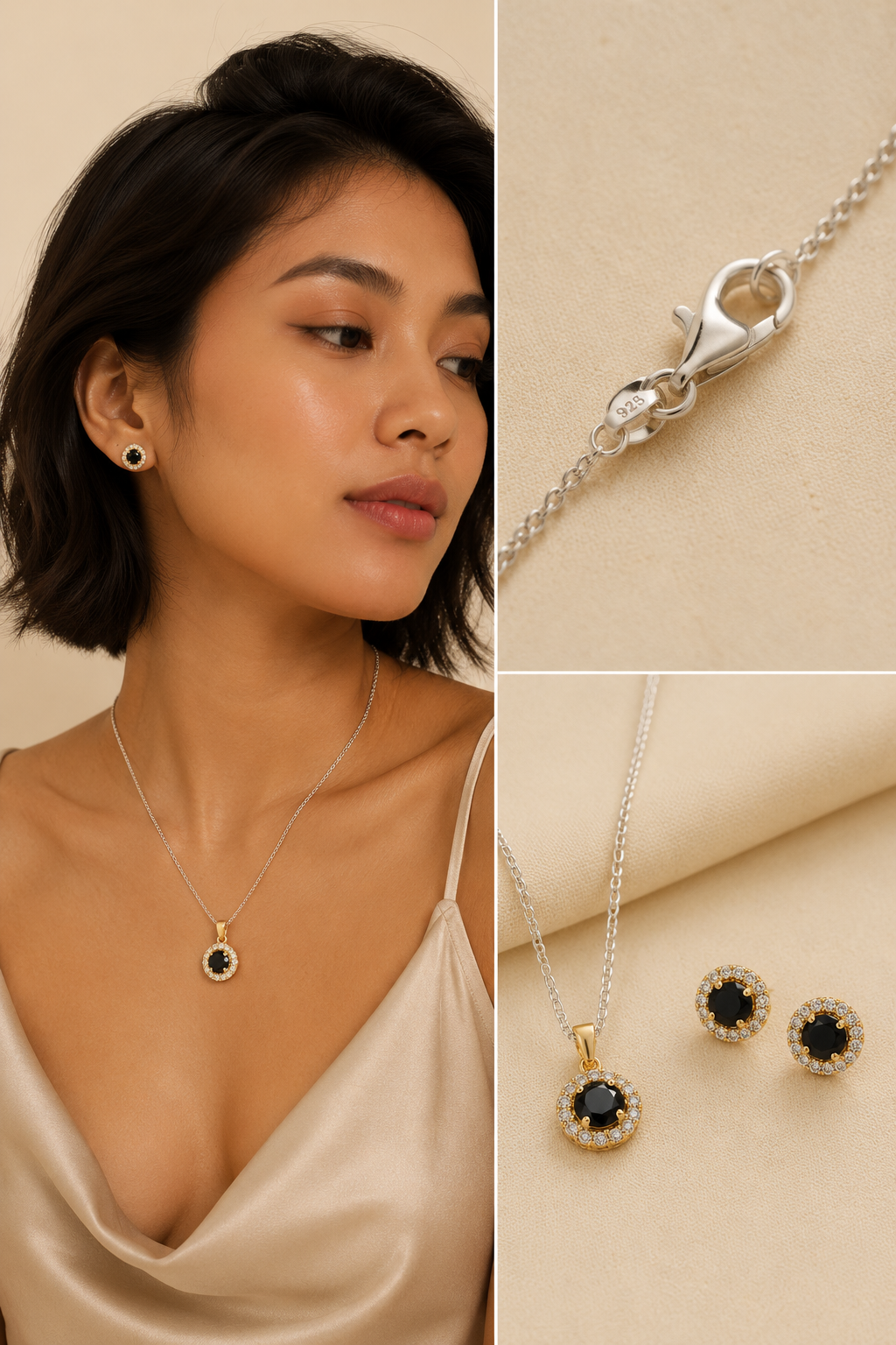 Three-image collage featuring a sterling silver necklace with a black halo pendant and matching stud earrings, a close-up of the sterling silver lobster clasp and chain, and an elegant Filipino woman with short hair wearing the jewelry against a warm cream beige studio background.