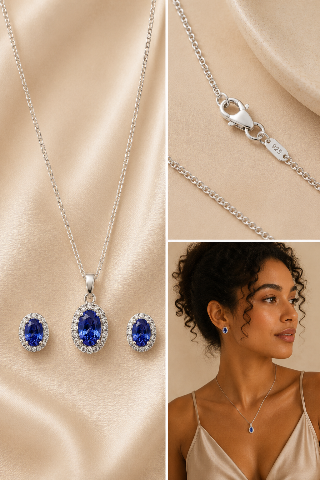Three-image collage featuring a sterling silver blue oval halo necklace with matching stud earrings, a close-up of the sterling silver lobster clasp and chain, and a tanned woman with curly hair wearing the jewelry against a warm cream beige studio background.