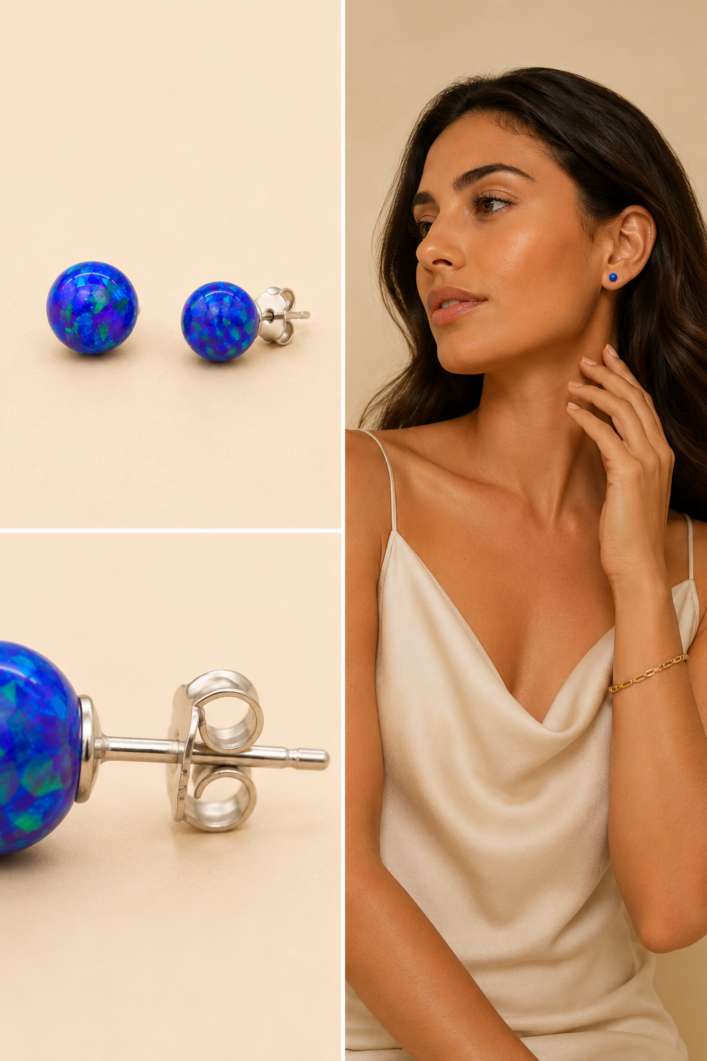 Collage featuring round blue synthetic opal stud earrings in sterling silver on a soft cream background, including a front product view, secure butterfly clutch close up, and an olive skinned model wearing the earrings with an elegant cream satin top. Ideal everyday opal stud earrings for women.