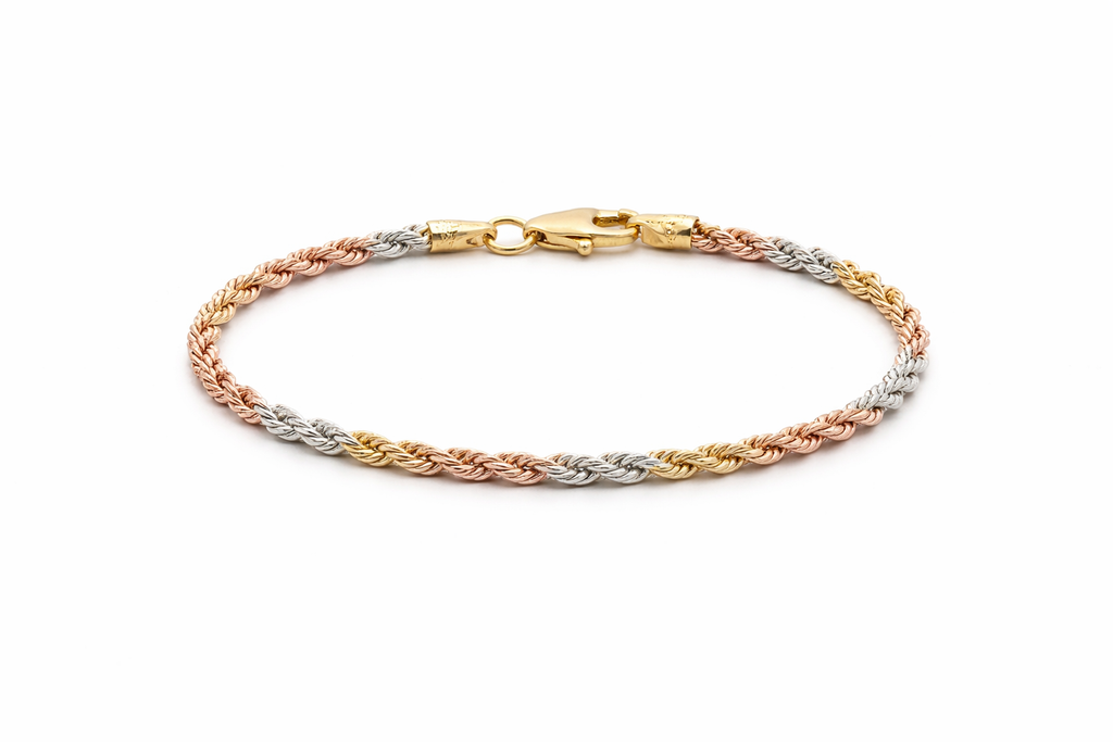 Sterling Silver Tricolor Rope Bracelet (6.5”, 2.2 mm)