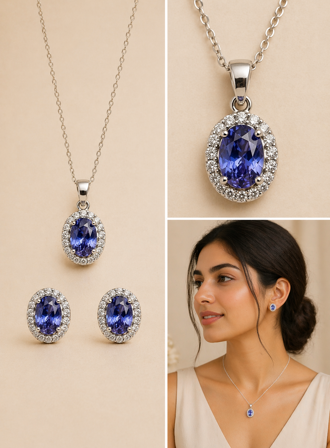 Mancerat Tanzanite Halo Jewelry Set – Sterling Silver (Pendant & Earrings)