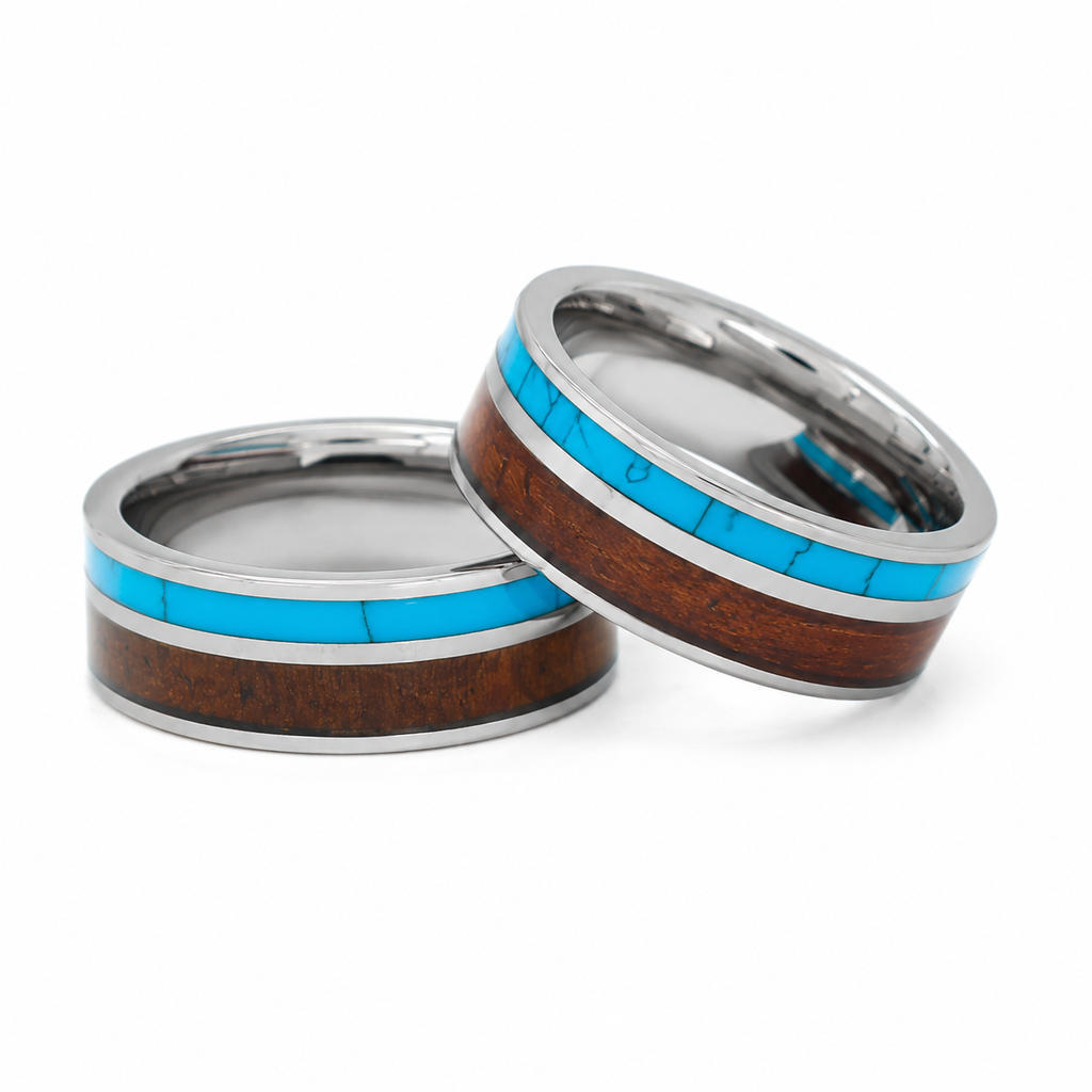 8mm Tungsten Ring – Double Line Hawaiian Koa Wood & Turquoise Inlay Ring for Men