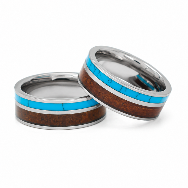 8mm Tungsten Ring – Double Line Hawaiian Koa Wood & Turquoise Inlay Ring for Men