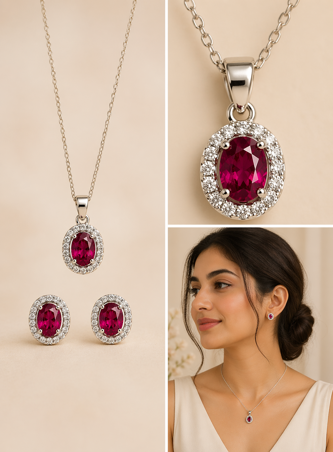 Mancerat Ruby Halo Jewelry Set – Sterling Silver (Pendant & Earrings)
