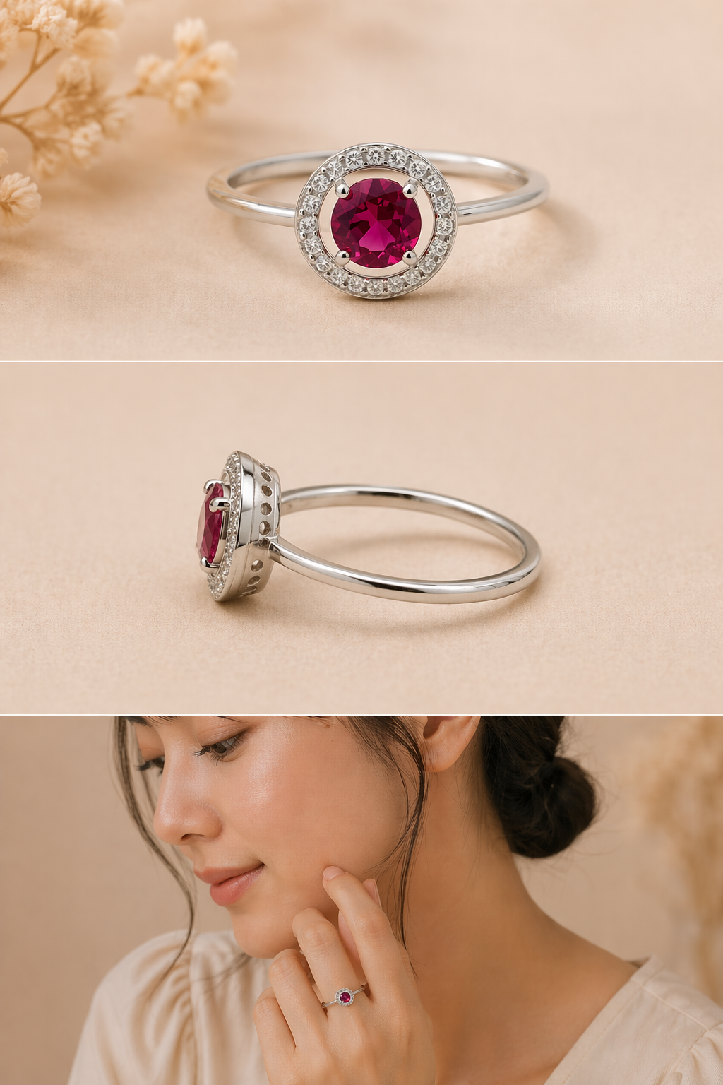 Radiance Halo Ring – Ruby (Round) | Sterling Silver