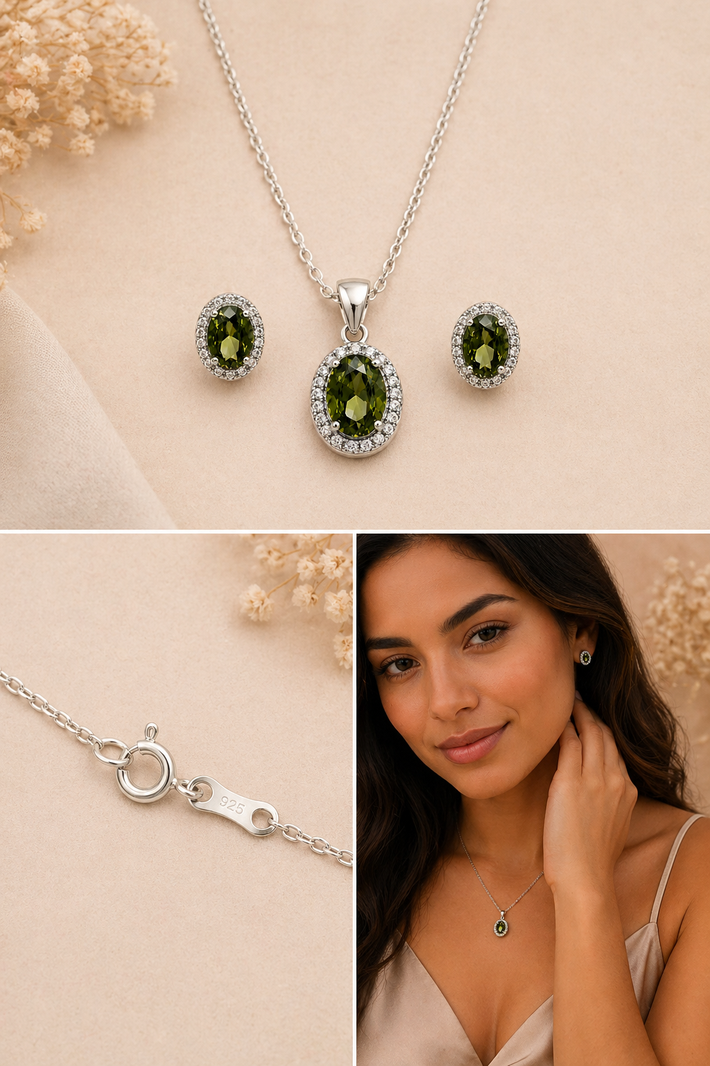 Green Halo Jewelry Set – Sterling Silver (Pendant & Earrings)