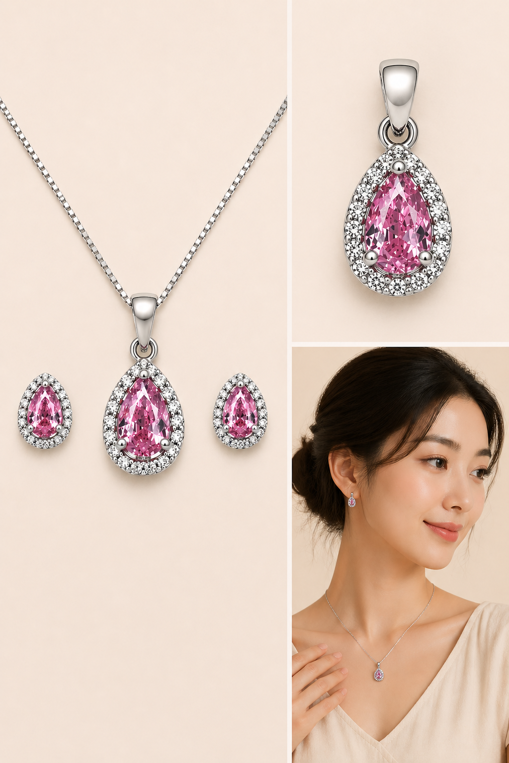 Pink Halo Jewelry Set – Sterling Silver (Pendant & Earrings)