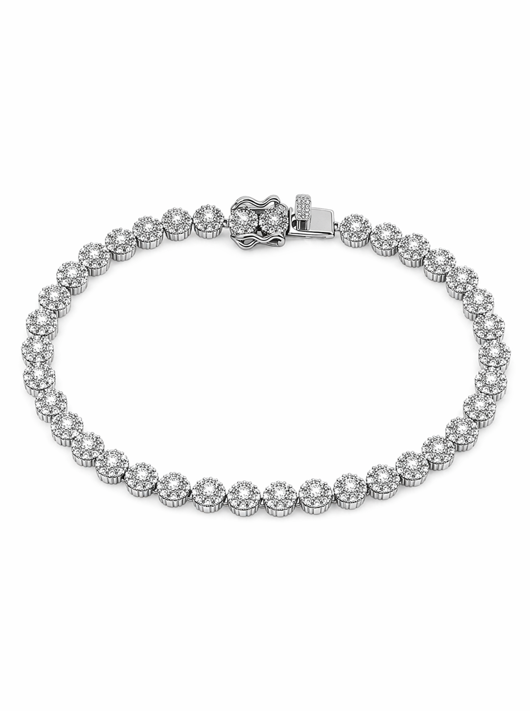 Round Cluster Tennis Bracelet – Rhodium-Plated Sterling Silver (7.5”)