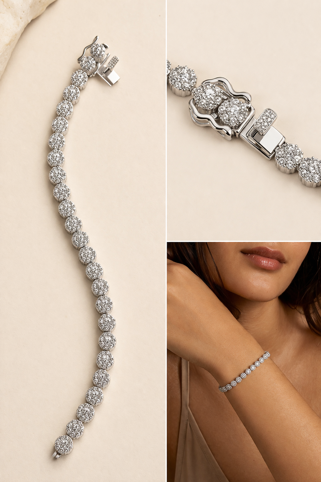 Round Cluster Tennis Bracelet – Rhodium-Plated Sterling Silver (7.5”)