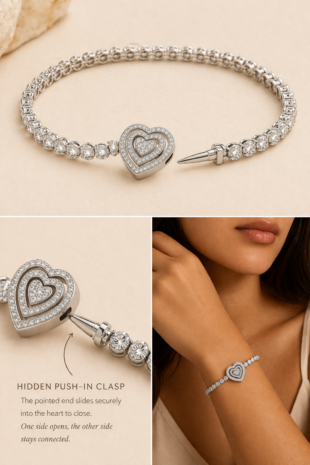 Sterling Silver Heart Charm Bracelet (7”, Pavé CZ Heart)