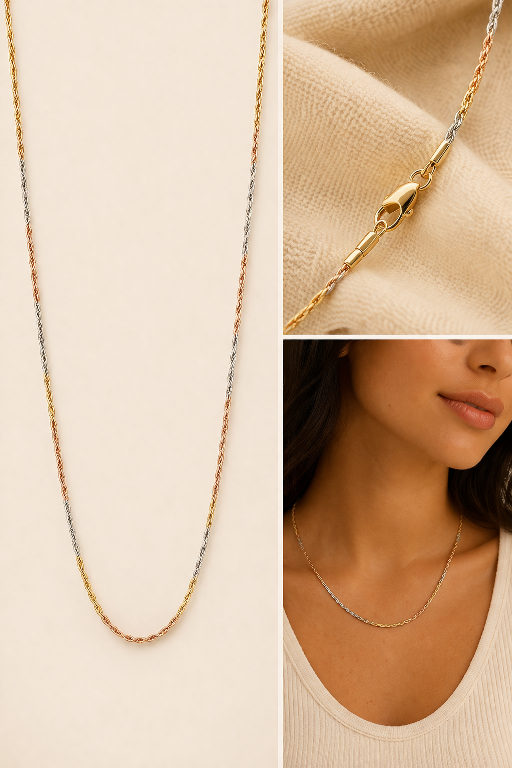Sterling Silver Three-Tone Rope Chain  (19.5”, 1.4 mm)