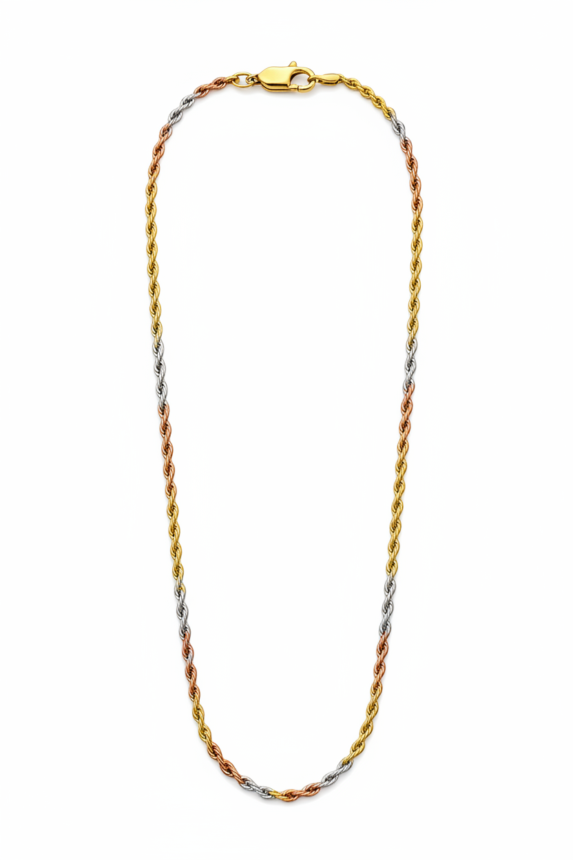 Sterling Silver Three-Tone Rope Chain (16”, 1.5 mm)
