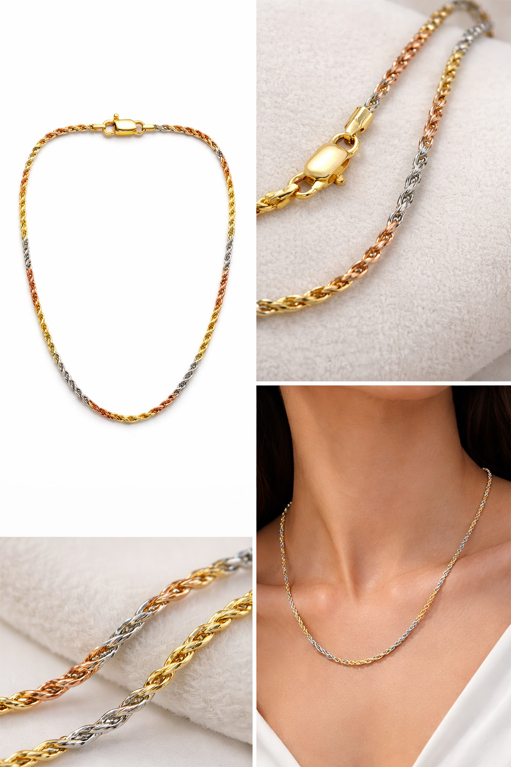 Sterling Silver Three-Tone Rope Chain (16”, 1.5 mm)