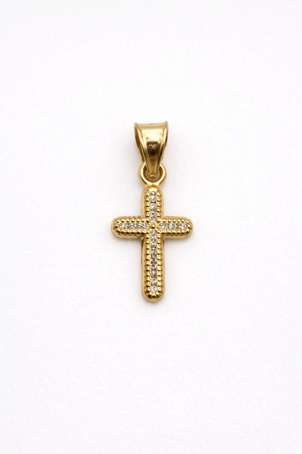 10K Solid Gold Cross Pendant – Beaded Edge (Small)