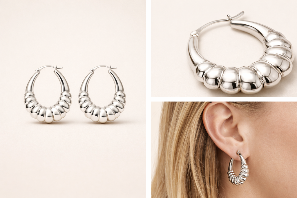 Sterling Silver Ridged Hoop Earrings (32.9 mm)