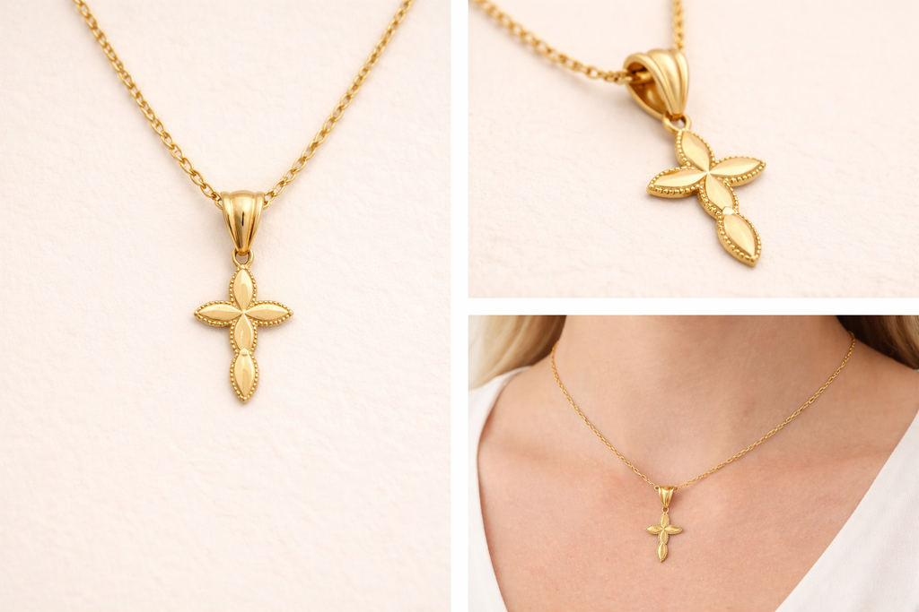 10K Solid Gold Cross Pendant – Marquise Design
