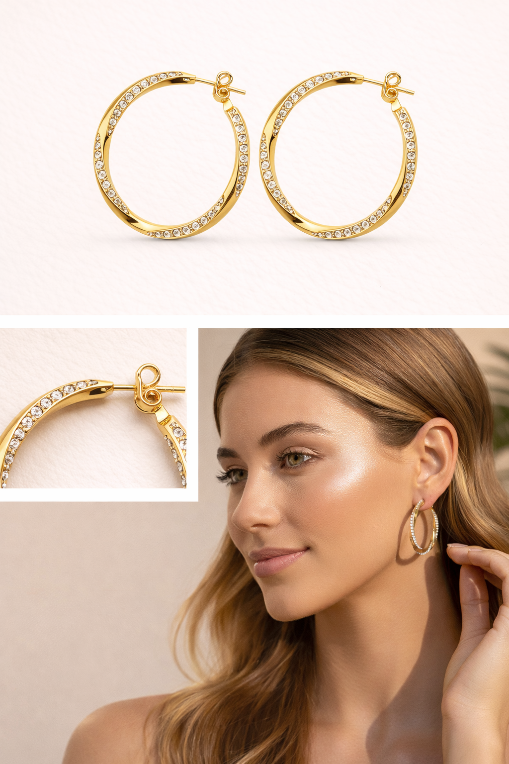 Pavé Crystal Gold Hoop Earrings – 14K Gold Filled (33mm)