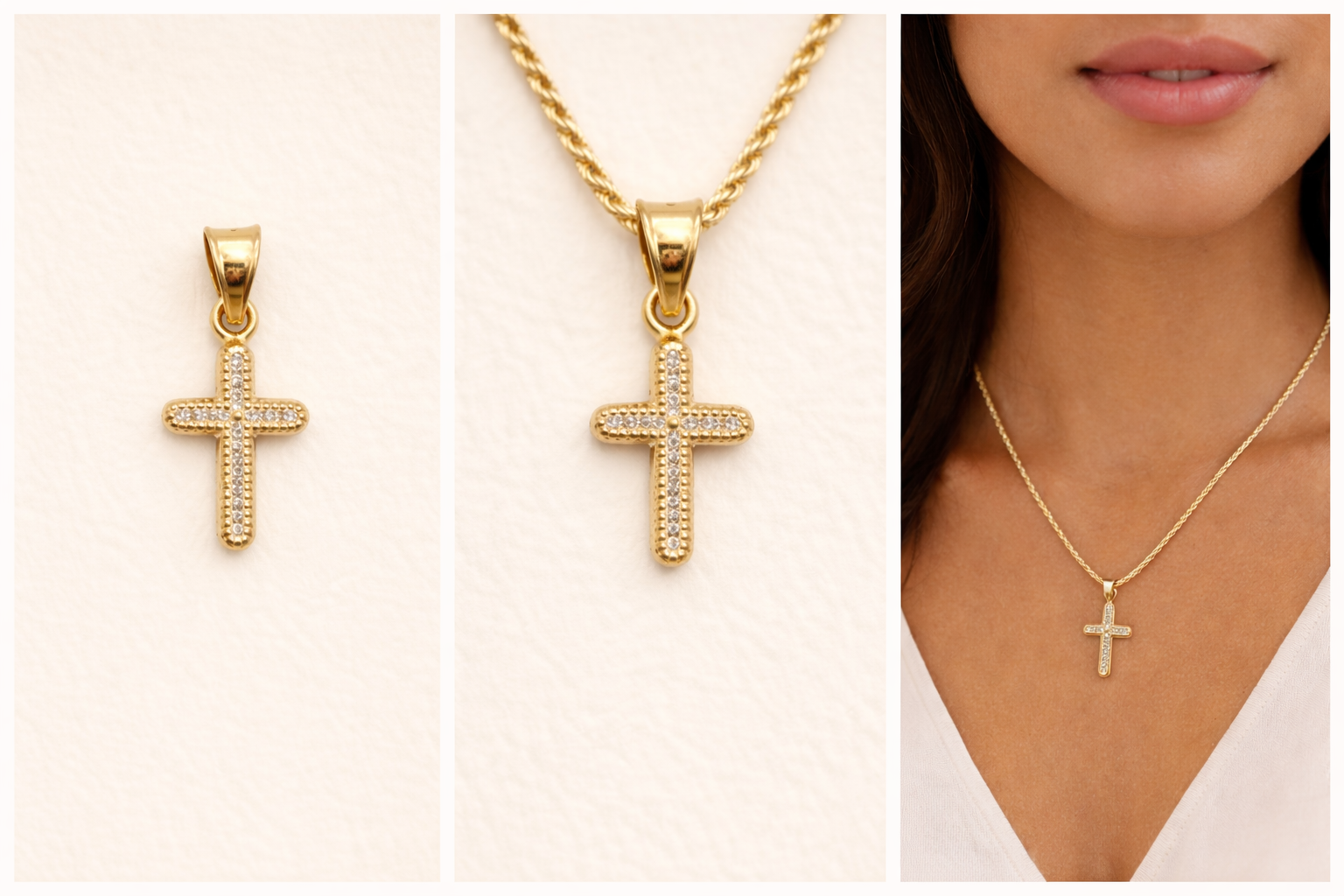10K Solid Gold Cross Pendant – Beaded Edge (Small)