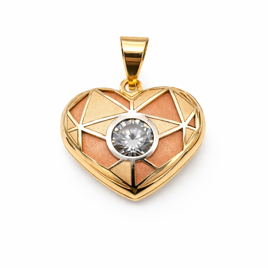 10K Gold Tri-Tone Heart Pendant with Center Stone