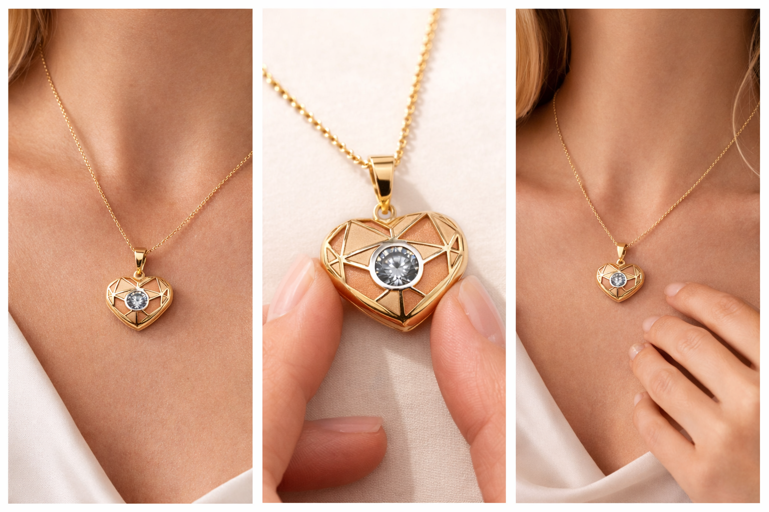 10K Gold Tri-Tone Heart Pendant with Center Stone