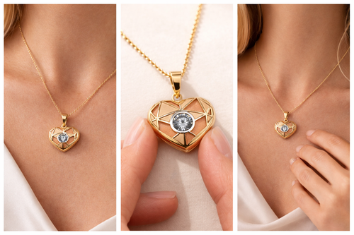 10K Gold Tri-Tone Heart Pendant with Center Stone