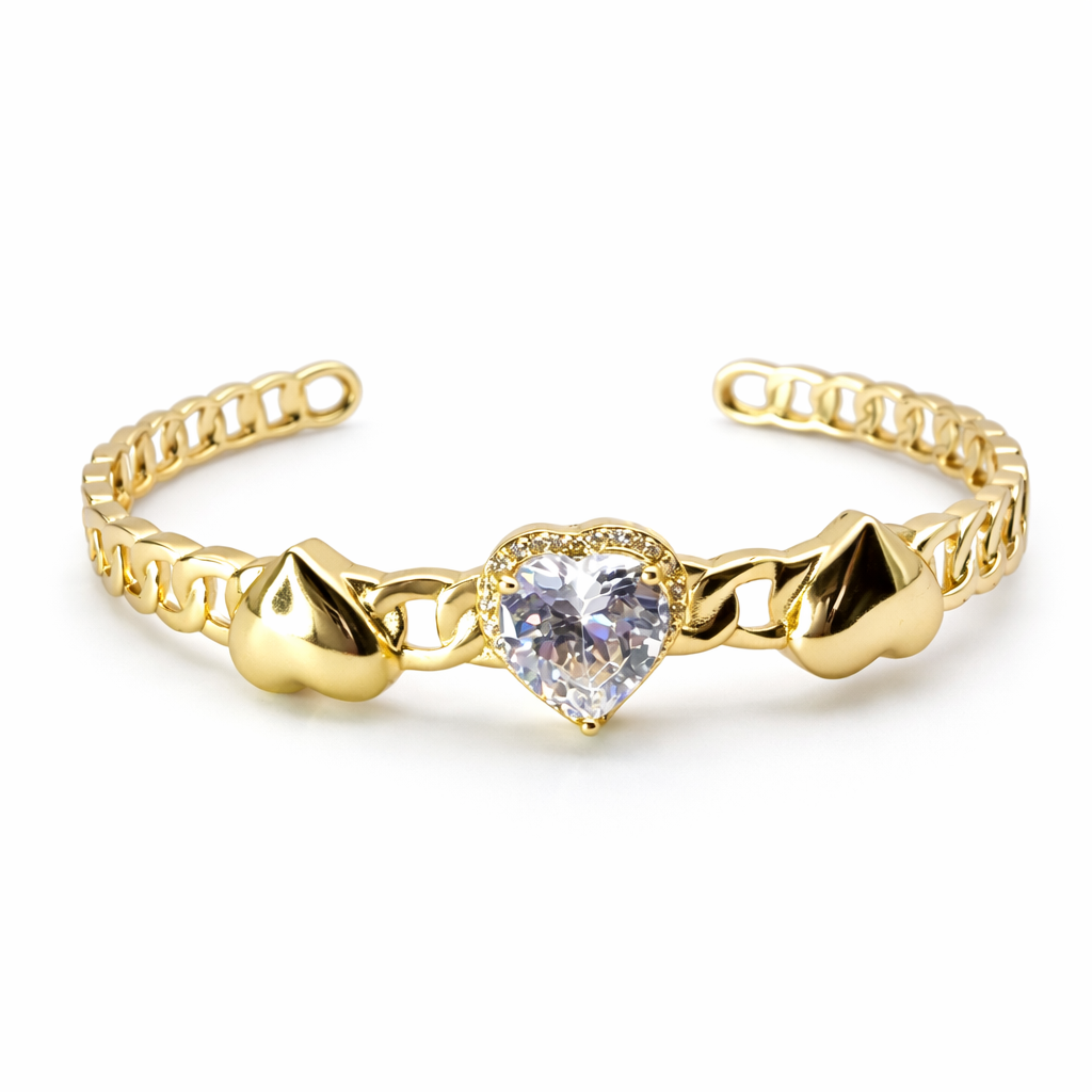 Mancerat Heart Link Crystal Cuff – 14K Gold Filled