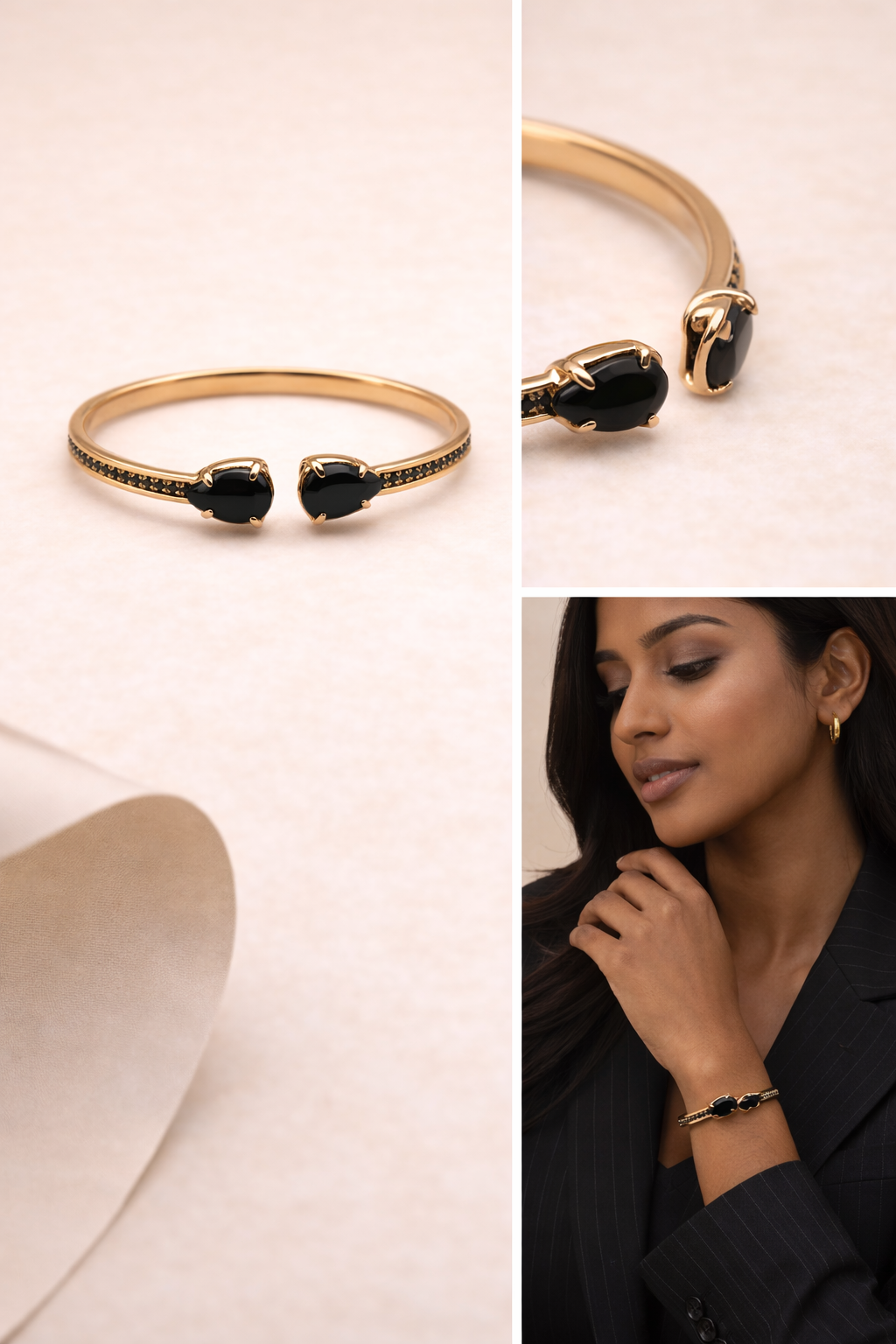 Mancerat Noir Dual Stone Cuff – 18K Gold Filled (60mm)