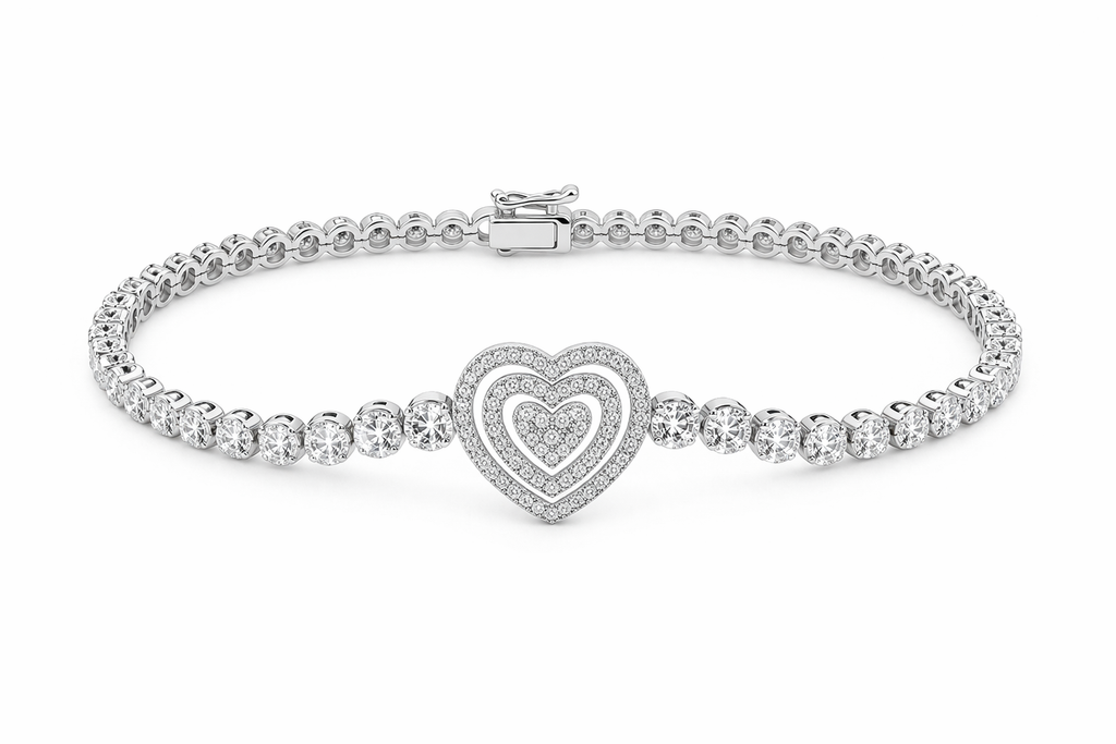Sterling Silver Heart Charm Bracelet (7”, Pavé CZ Heart)