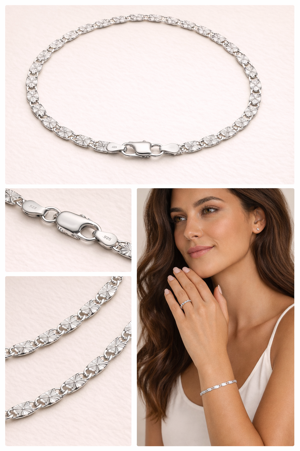 Sterling Silver Sunburst Valentino Link Bracelet (6.5”, 3 mm)
