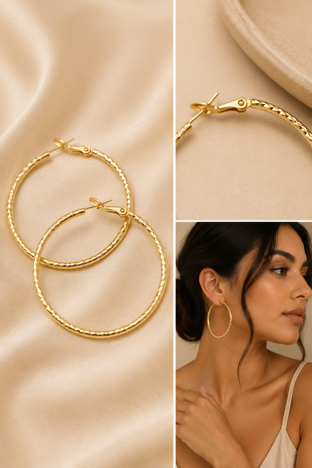 Close up side profile of a woman wearing large gold filled hoop earrings with an elegant ivory halter top and natural makeup against a warm beige backdrop.