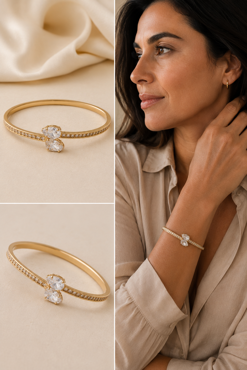 Editorial lifestyle collage featuring an elegant gold bangle bracelet with two pear cut crystals and pavé detailing. Includes close-up product views on a soft cream background and an olive-skinned woman wearing the bracelet with a beige blouse in natural light. Luxury bridal-inspired jewelry photography by Mancerat.