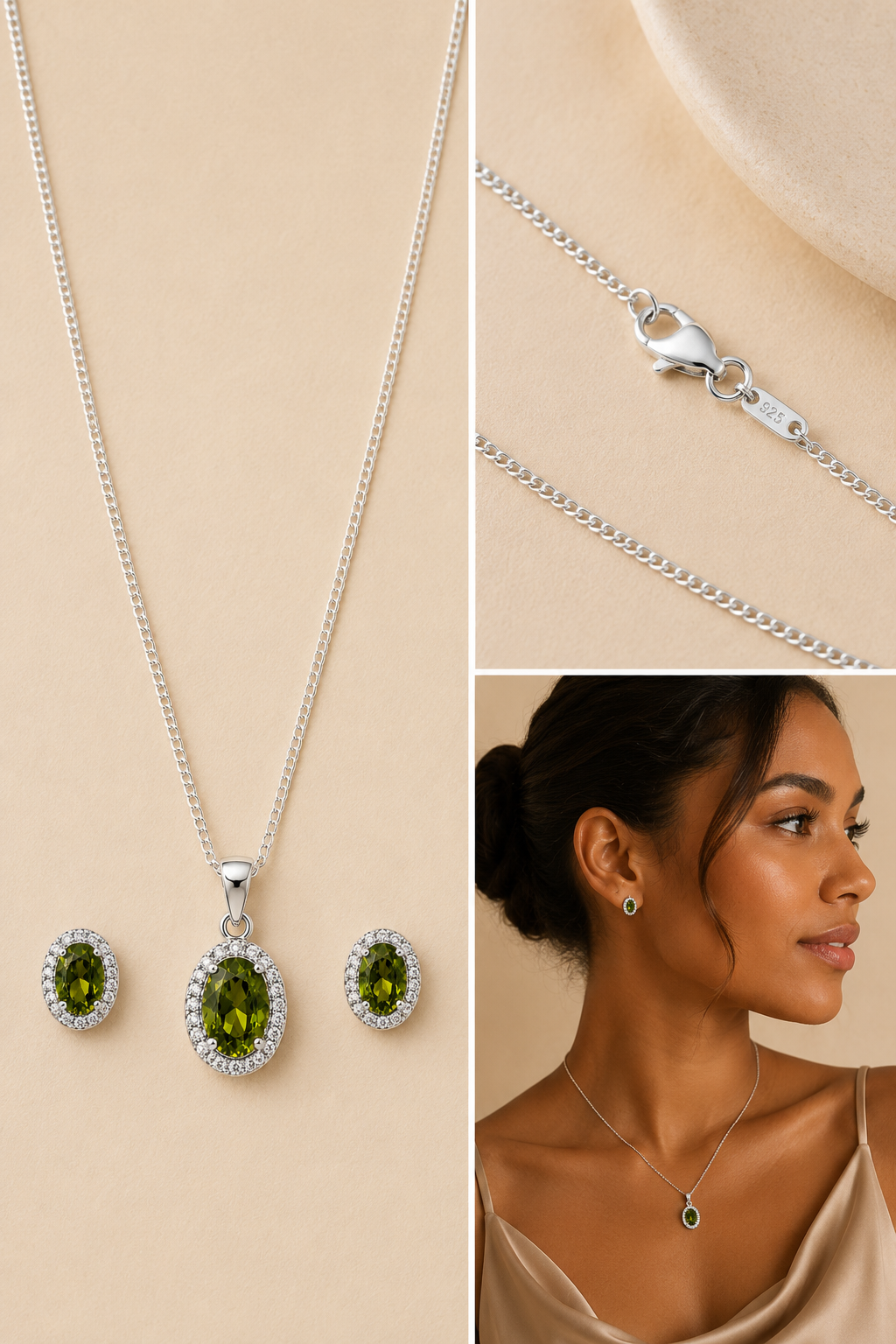 Three-image collage featuring a sterling silver green oval halo necklace with matching stud earrings, a close-up of the lobster clasp and chain, and an elegant brown-skinned woman wearing the jewelry against a warm cream beige studio background.